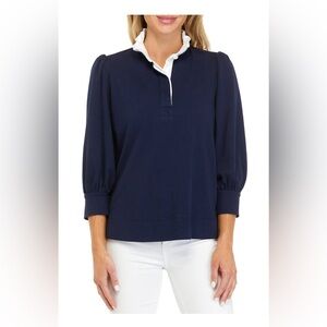 Navy Top with White Ruffle Collar